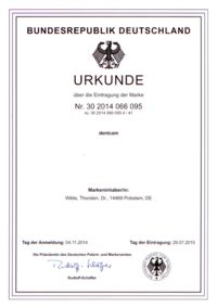 Dentcam Markenschutz Urkunde