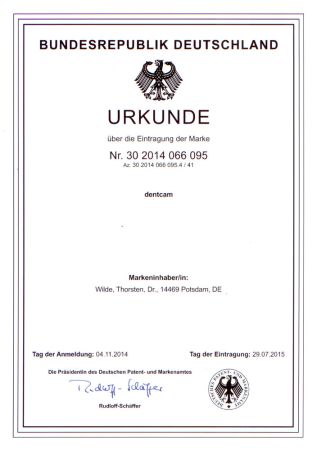 Markenschutz für dentcam, eine iDentis Dienstleistung für intraorale Filmaufnahmen

