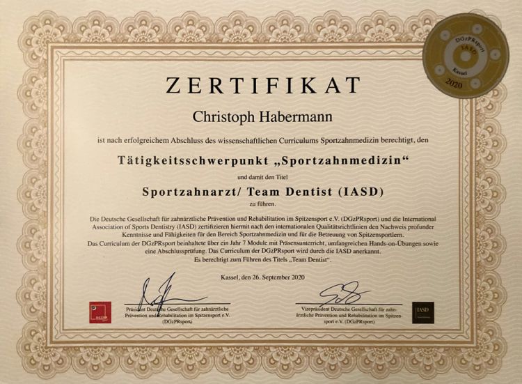Zertifikat Sportzahnmedizin Zahnarzt Christoph Habermann Berlin