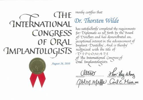 Zertifikat International Congress of Oral Implantologists