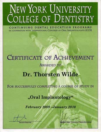 Certificate New York University College of Dentistry