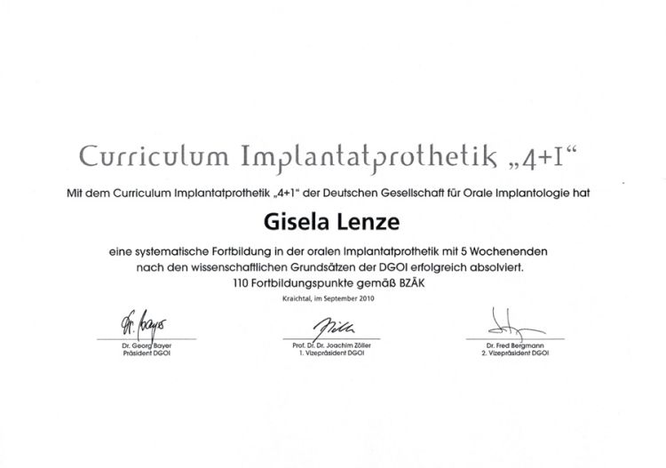 Zertifikat von Zahnärztin Gisela Lenze zum Curriculum Implantatprothetik "4+1"