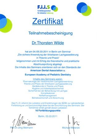 Zertifikat für Lachgassedierung - Dr. Thorsten Wilde