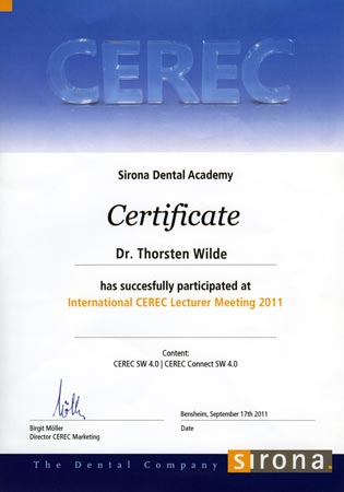 CEREC-Zertifikat Dr. Thorsten Wilde