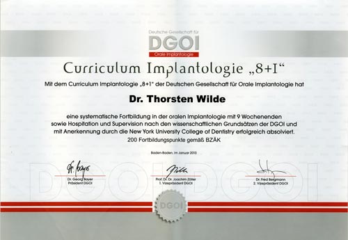 Implantologie-Zertifikat Dr Thorsten Wilde
